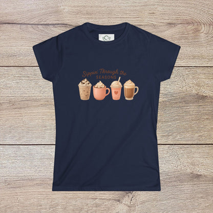 Sippin' Through The Seasons Slim Fit Tee in deep navy, displaying an artistic print of seasonal beverages, crafted from 100% combed cotton for a cozy wear.