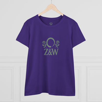 Front view of ZenAndWhiskey Classic 100% Cotton Tee in purple, featuring the elegant Z&W logo with roses, perfect for casual wear.