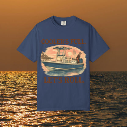 Men's & Women's Durable Cotton Full Tee featuring a fishing boat graphic with the phrase 'Cooler's Full. Let's Roll.' Soft, seamless design available in sizes S to 4XL.