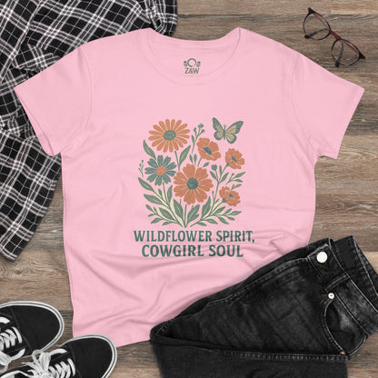 Wildflower Spirit Cotton Tee in soft pastel pink, highlighting a floral design and the saying 'Wildflower Spirit, Cowgirl Soul', perfect for a relaxed and trendy vibe.