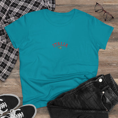 Casual flat lay of a turquoise Unisex Ultra Cotton Tee with Italian Heritage Design, featuring 'ITALIA' in red lettering, paired with denim and casual shoes, perfect for adventure lovers.