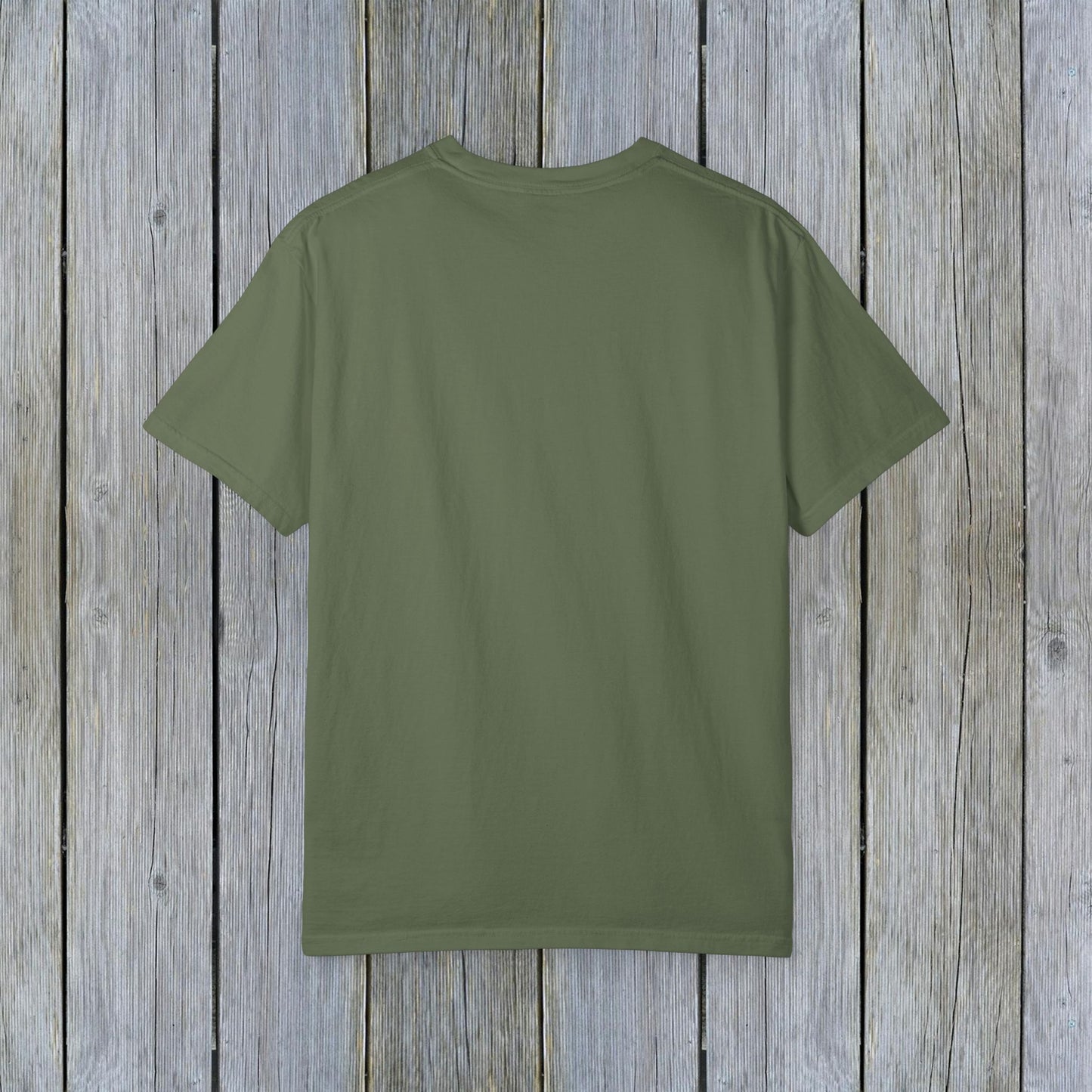 Back view of a Unisex Garment-Dyed Lake Rules Tee in olive green, highlighting the soft fabric and relaxed fit, perfect for versatile casual wear.