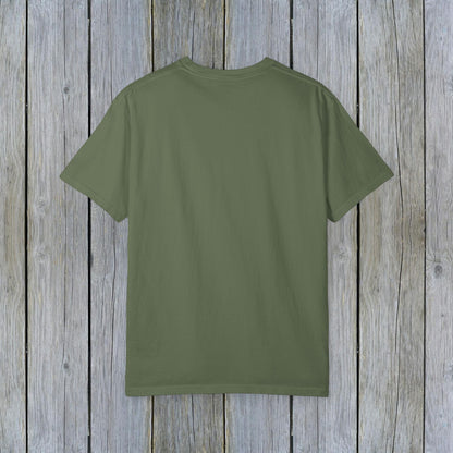 Back view of a Unisex Garment-Dyed Lake Rules Tee in olive green, highlighting the soft fabric and relaxed fit, perfect for versatile casual wear.