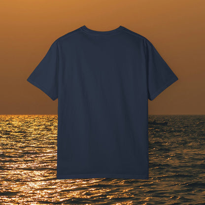 Men's & Women's Durable Cotton Full Tee - Soft and Seamless, featuring a view of the shirt's back against a sunset over the water, available in sizes S to 4XL.