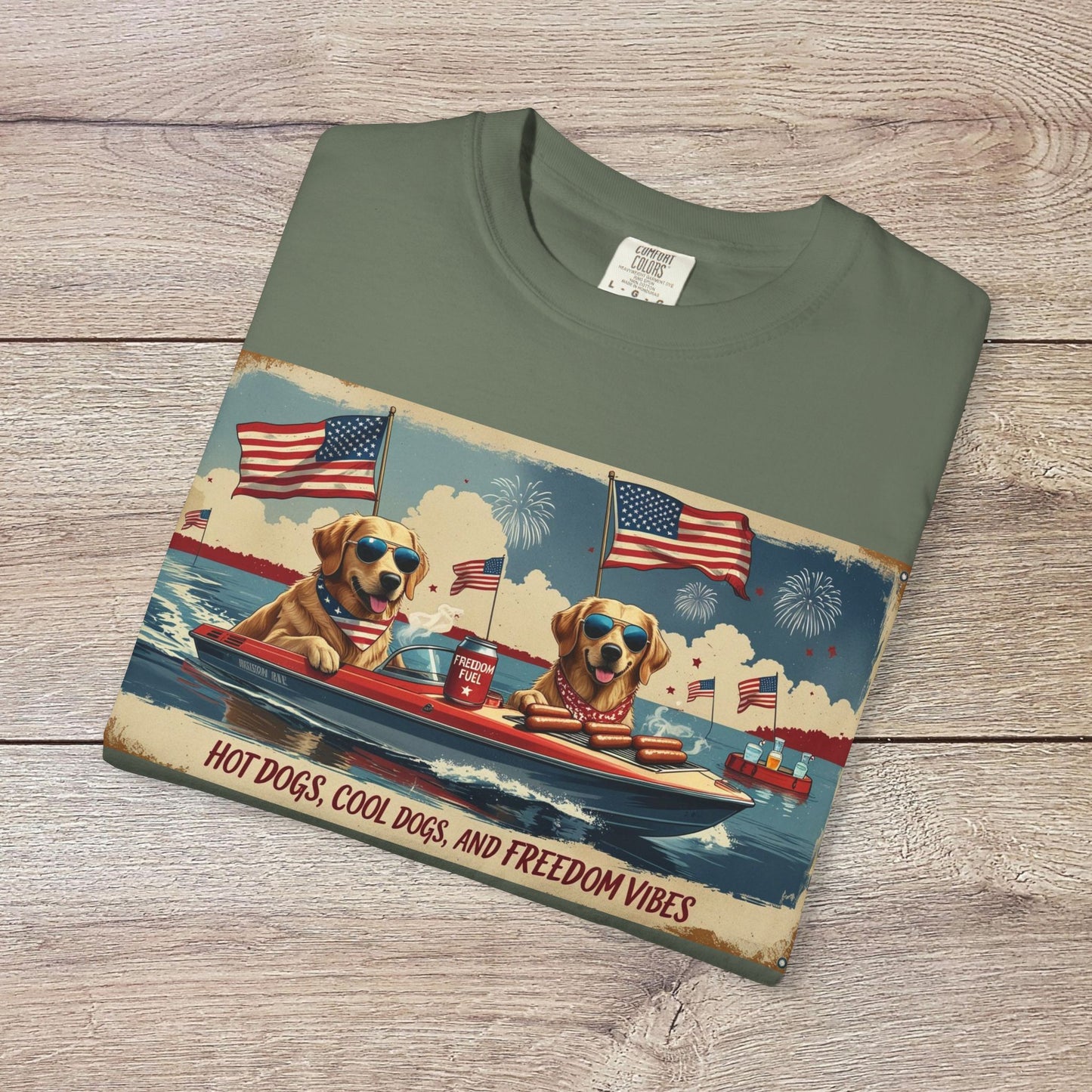 Close-up of the Men's Golden Tee, highlighting the unique graphic design with dogs and a patriotic theme, appealing for dog lovers and festive occasions.