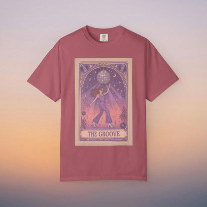 Groove Tarot Graphic Tee in coral displaying a stylish graphic of a woman with a disco ball, made of breathable cotton for comfort - available in sizes S-4XL.