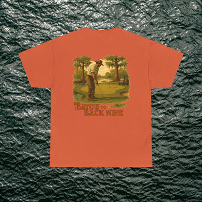Trendy 'Bayou To Back Nine' Softstyle Golf Tee with a unique golfer graphic, combining fun and sophistication for any occasion.