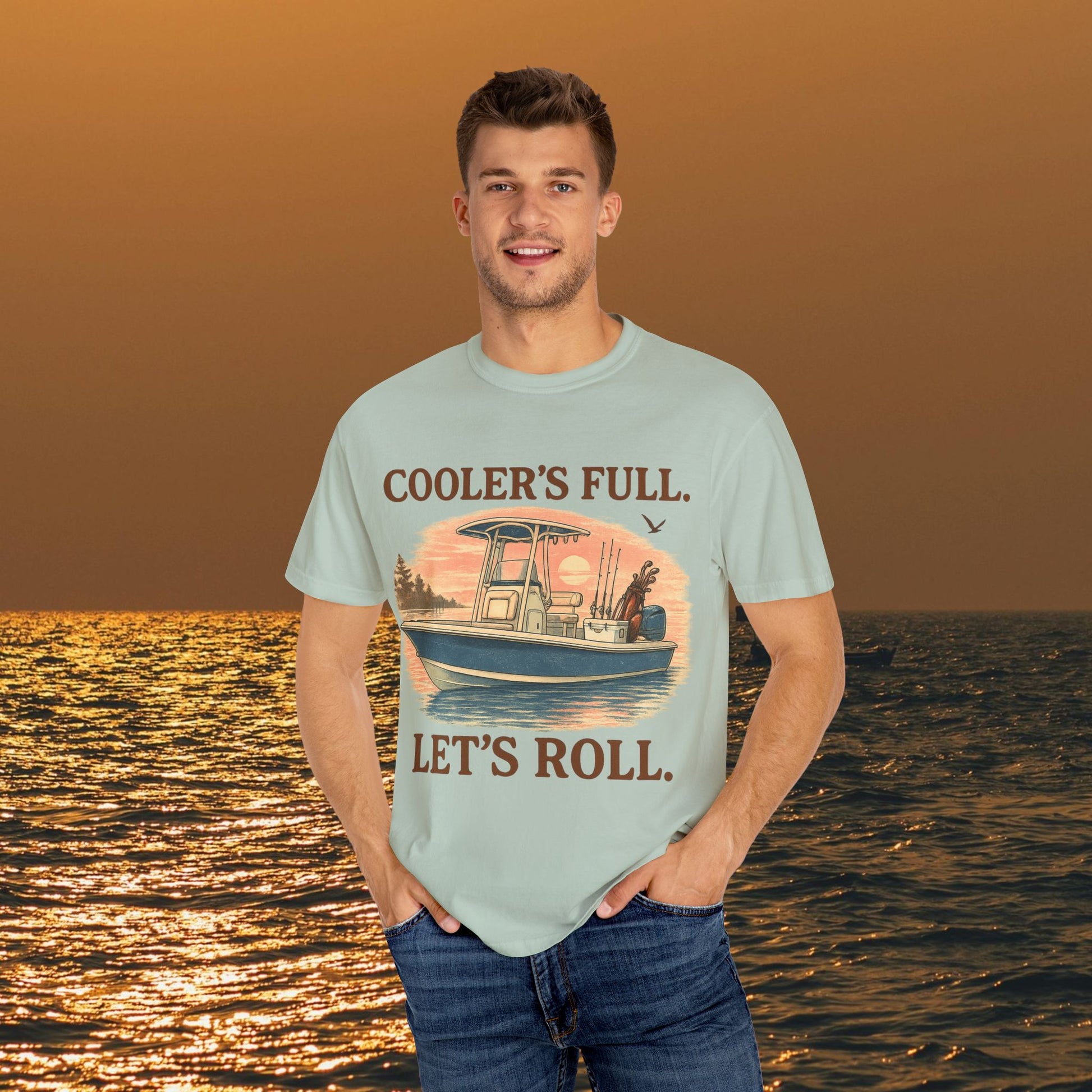 Men's & Women's Durable Cotton Full Tee in light color worn by a model, featuring 'COOLER'S FULL. LET'S ROLL.' look perfect for outdoor activities and leisure.