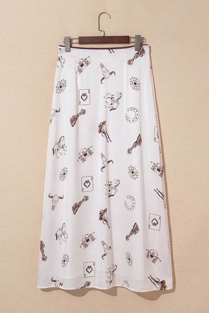 Another angle of Trendsi Western Print Satin Long Skirt, emphasizing its chic design and the playful print details.