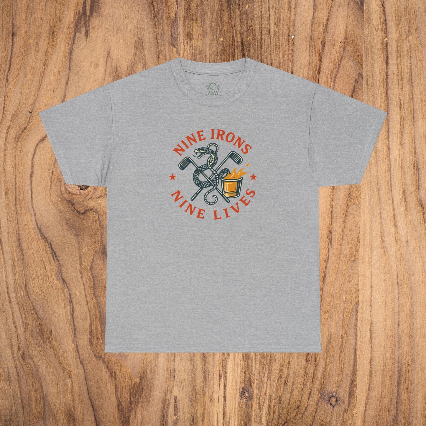 Golf-Themed 100% Cotton T-Shirt in gray color - Fun Casual Wear for Golf Lovers, Perfect Gift for Dads featuring a vibrant 'Nine Irons Nine Lives' design.