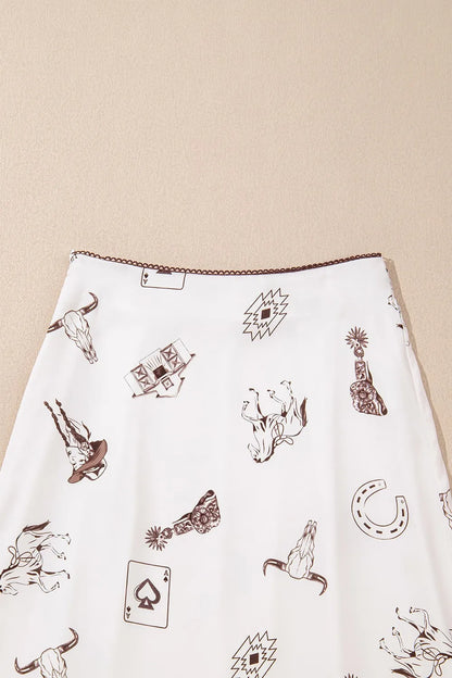 Trendsi Western Print Satin Long Skirt featuring vibrant western-themed patterns, perfect for an elegant style. Ideal for fashionable women who appreciate unique designs.