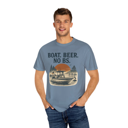 Cheerful man in Boat Beer No BS Tee in blue, captured in a natural outdoor setting, displaying a sunset and fishing theme for the boating enthusiast.
