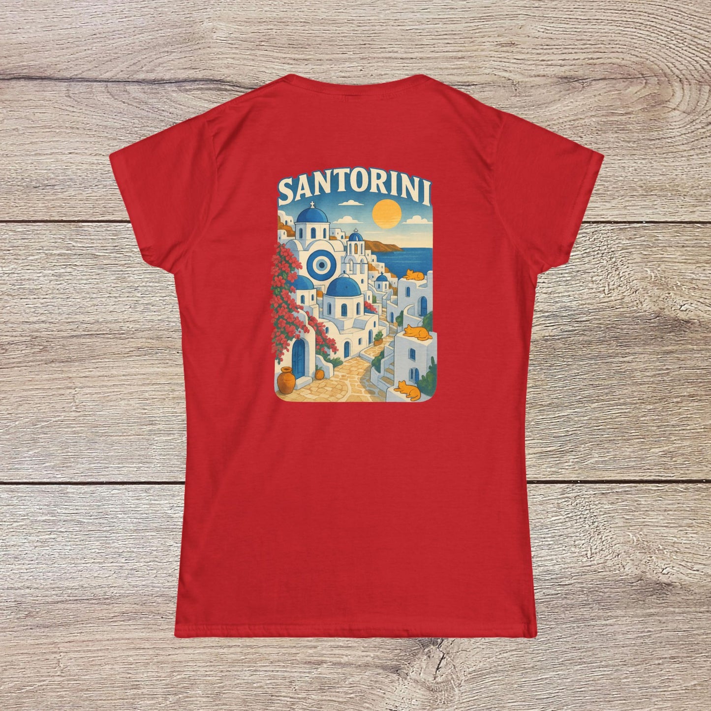 Santorini Tee in red with a stunning back graphic depicting Santorini's charm, made from 100% ring-spun cotton for ultimate comfort.