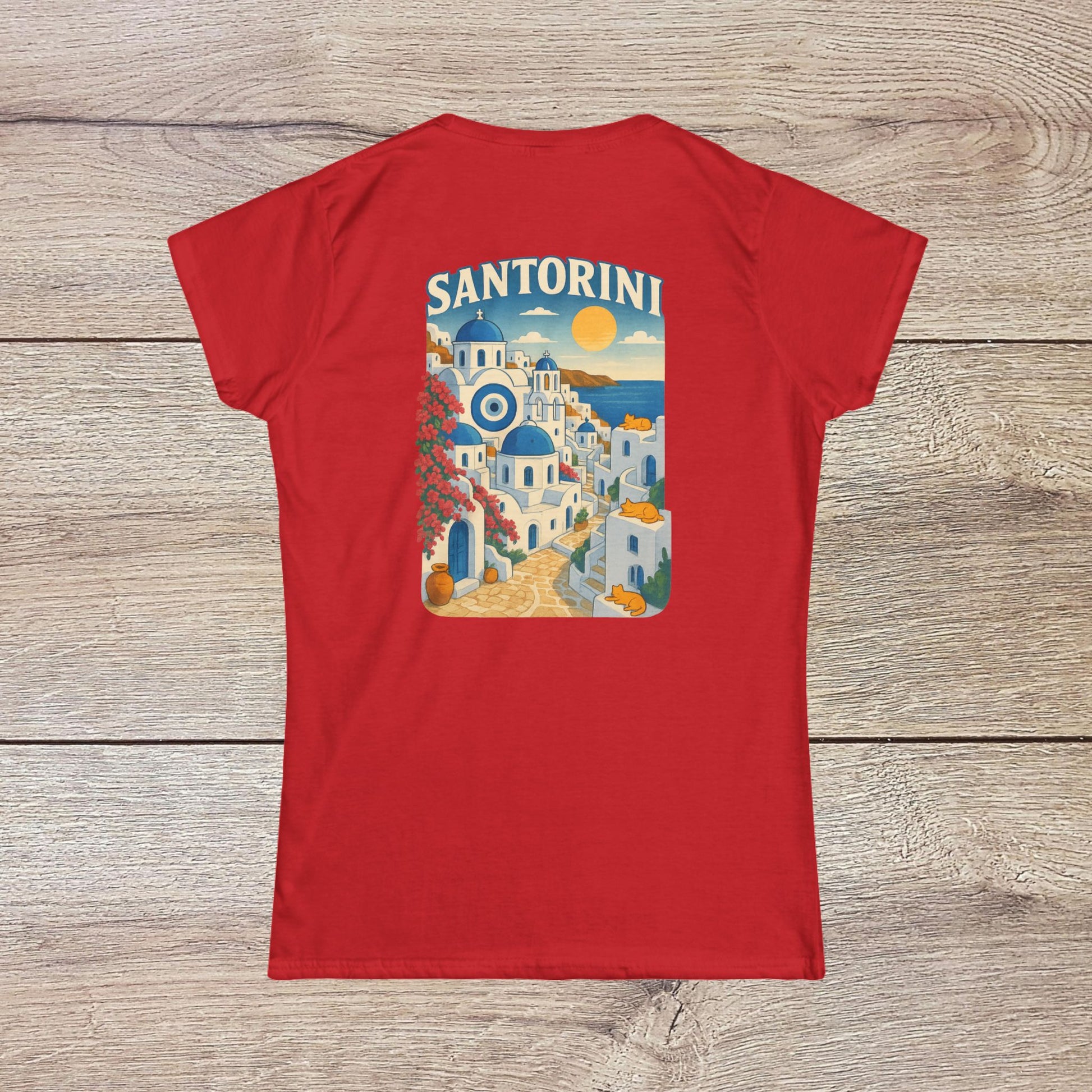 Santorini Tee in red with a stunning back graphic depicting Santorini's charm, made from 100% ring-spun cotton for ultimate comfort.