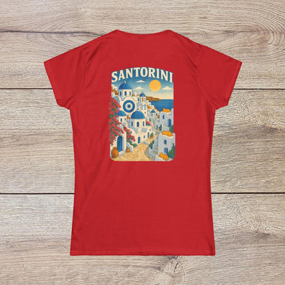 Santorini Tee in red with a stunning back graphic depicting Santorini's charm, made from 100% ring-spun cotton for ultimate comfort.