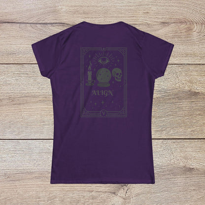 Eco-Friendly Align Tee in purple, displaying a stylish back design with mystical elements such as a candle and crystal ball, customizable with embroidery.