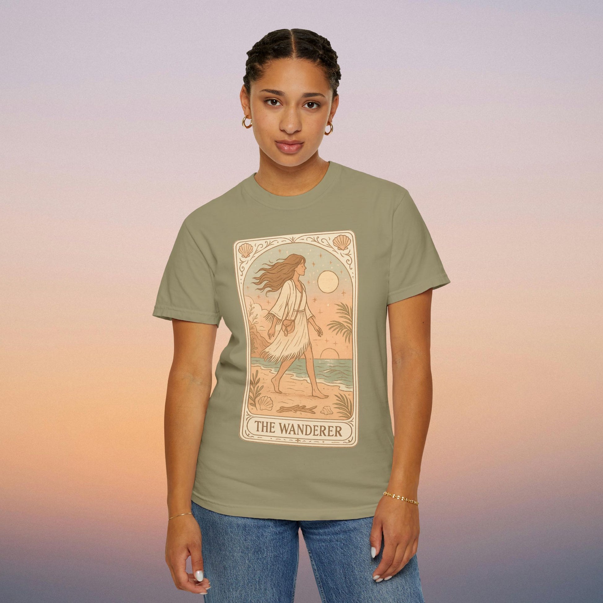 Wanderer Tarot Graphic Tee in an olive green tone, displaying a beautiful portrayal of a wanderer, ethically created from 100% cotton, offered in sizes S to 4XL, combining style and comfort.