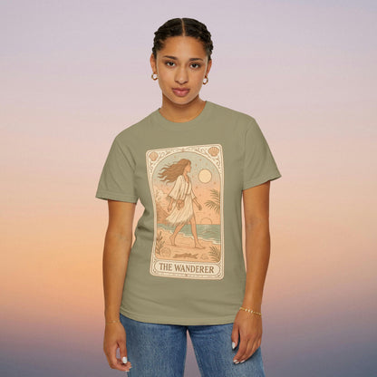 Wanderer Tarot Graphic Tee in an olive green tone, displaying a beautiful portrayal of a wanderer, ethically created from 100% cotton, offered in sizes S to 4XL, combining style and comfort.