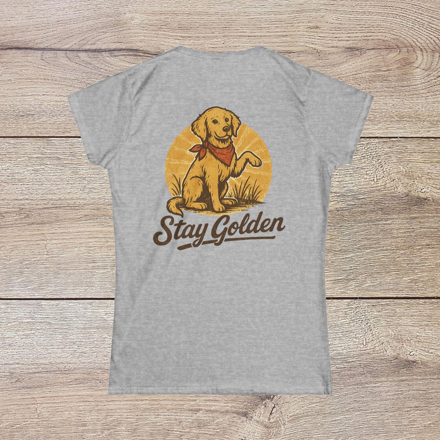 Back view of the Stay Golden Dog Tee in grey, adorned with an adorable golden retriever graphic that highlights a love for dogs.