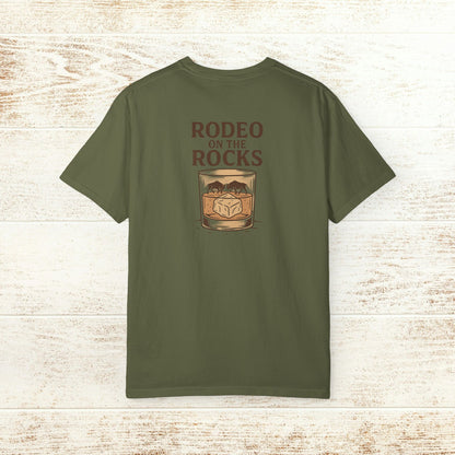 Back view of the Rodeo On The Rocks Tee in olive green, showcasing the stylish print with 'RODEO ON THE ROCKS', a great addition to your casual collection.