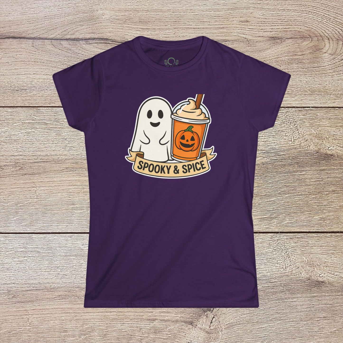 Spooky And Spice Ghost Graphic Tee in deep purple featuring a playful ghost alongside a pumpkin spice drink, ideal for Halloween festivities.