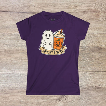 Spooky And Spice Ghost Graphic Tee in deep purple featuring a playful ghost alongside a pumpkin spice drink, ideal for Halloween festivities.