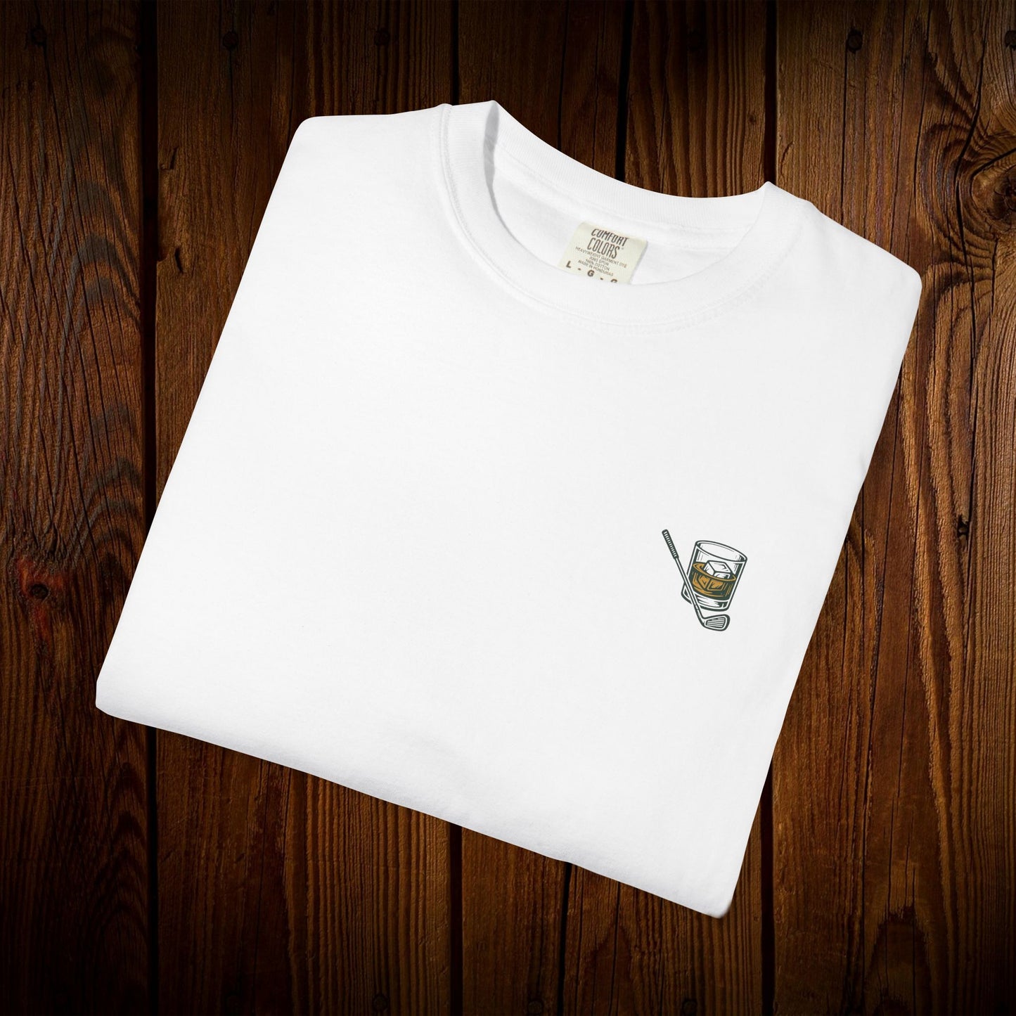 Men's Golf & Whiskey Tee featuring an eye-catching whiskey glass design on a soft cotton fabric, perfect for golf enthusiasts.