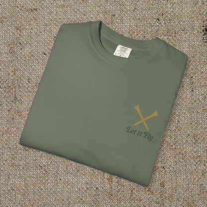 Folded Tee It High Let It Fly Graphic Tee in olive green featuring a sophisticated design with crossed golf clubs on the front, perfect for golf lovers.