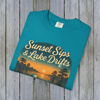 Lake Drifts T-Shirt in teal with 'Sunset Sips & Lake Drifts' design, a stylish choice for lakeside adventures.