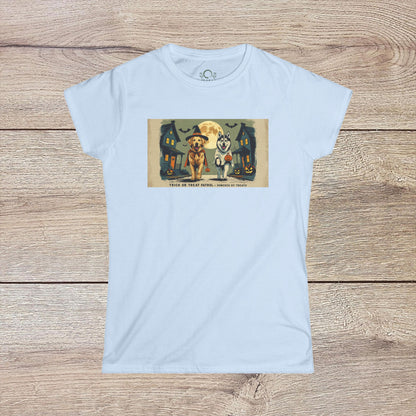 Light blue Unisex Softstyle Trick Or Treat T-Shirt highlighting two adorable dogs dressed for Halloween, with a soft ring-spun cotton fabric perfect for everyday wear.