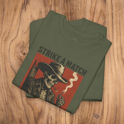 Bangtown Outlaws Retro Casual Party Shirt in olive green, showcasing a bold skull graphic with the words 'STRIKE A MATCH', ideal for fun gatherings and unique gifts.