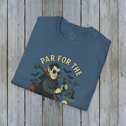 Dusty blue Funny Halloween Unisex T-Shirt displaying 'Par For The Curse' graphic, a must-have for Halloween wardrobe.