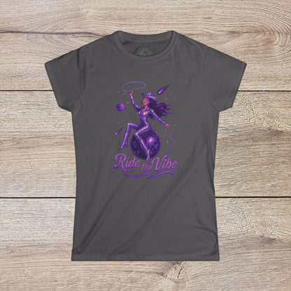 Vibrant Ride The Vibe Tee in charcoal grey featuring a whimsical image of a woman riding a celestial sphere, made with soft durable 100% ring-spun cotton.
