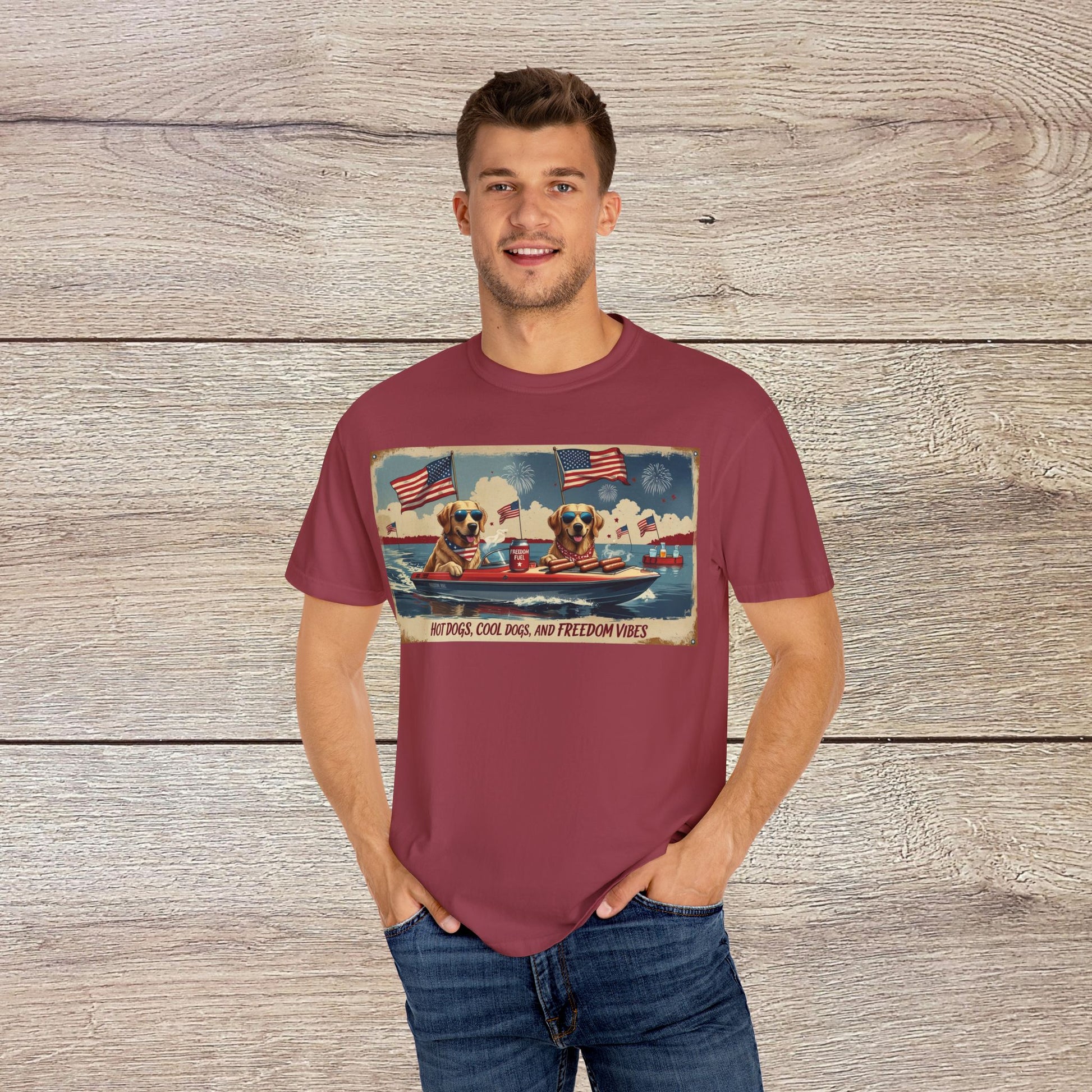 Model wearing the Men's Golden Tee: Comfortable Cotton T-Shirt with Ribbed Collar in burgundy, showcasing a fun and unique Labrador dog design. Perfect fit for sizes S-5XL.