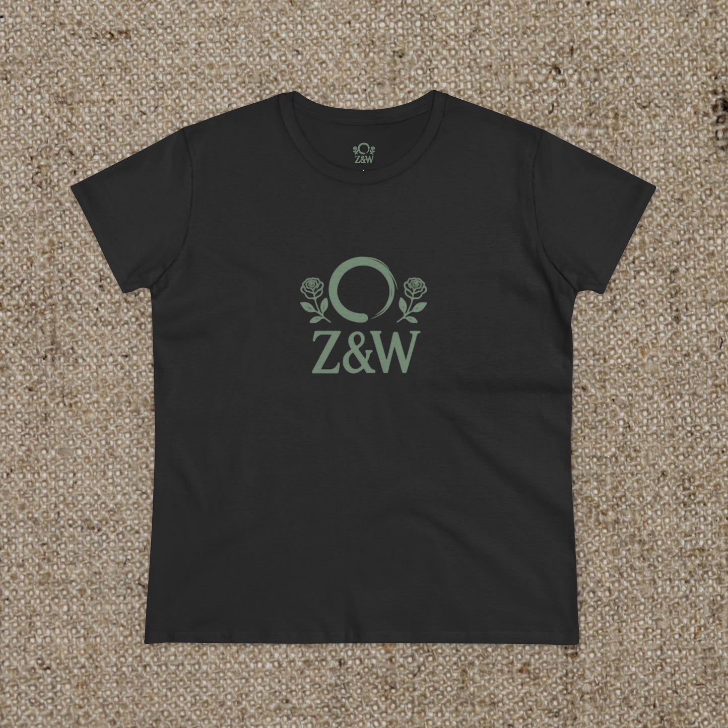 ZenAndWhiskey Classic 100% Cotton Tee in black, showcasing the elegant Z&W logo with rose accents, ideal for comfortable everyday fashion.