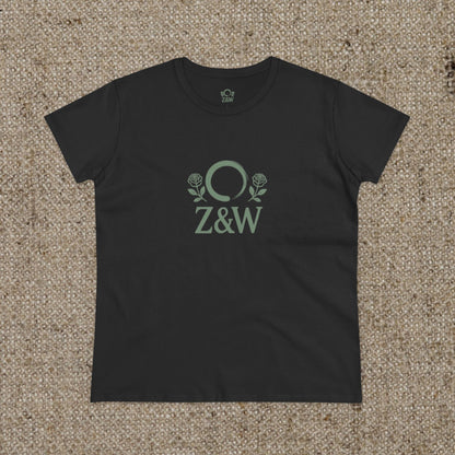 ZenAndWhiskey Classic 100% Cotton Tee in black, showcasing the elegant Z&W logo with rose accents, ideal for comfortable everyday fashion.