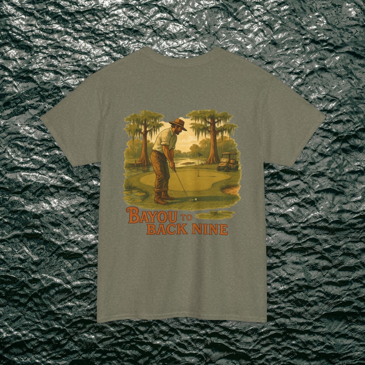 'Bayou To Back Nine' Softstyle Golf Tee showcasing a vintage golfer design, blending comfort and style for leisure activities.