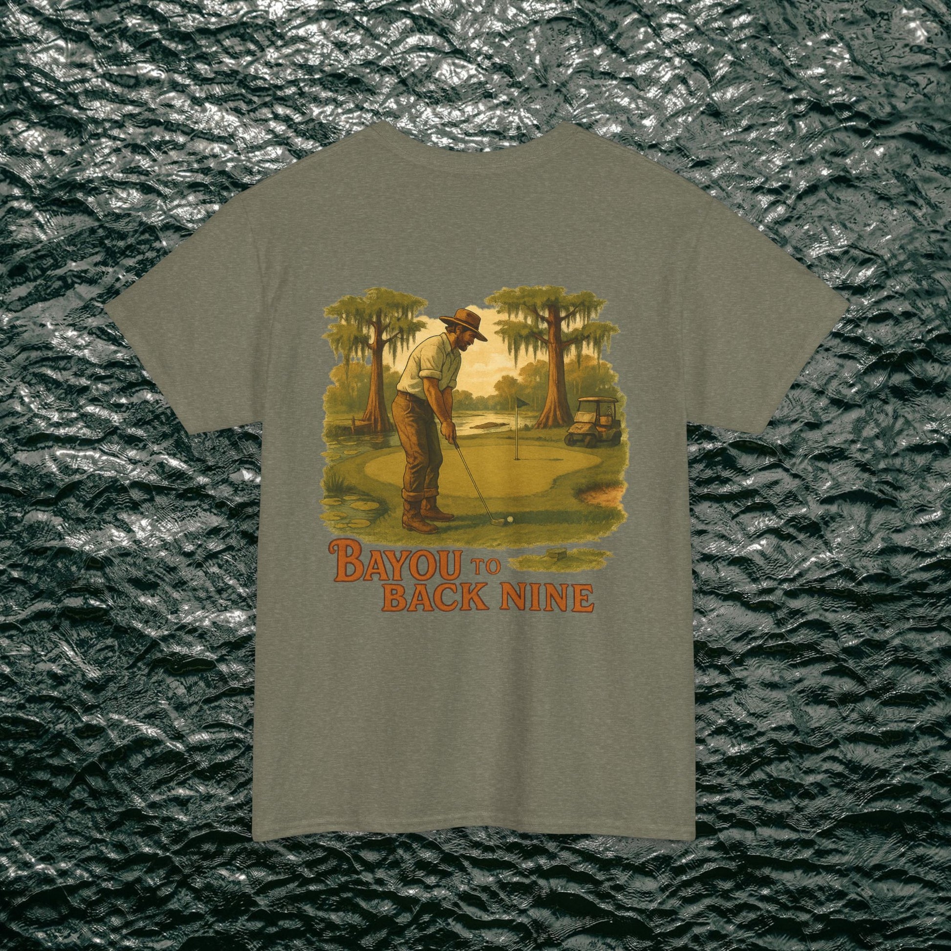 'Bayou To Back Nine' Softstyle Golf Tee showcasing a vintage golfer design, blending comfort and style for leisure activities.