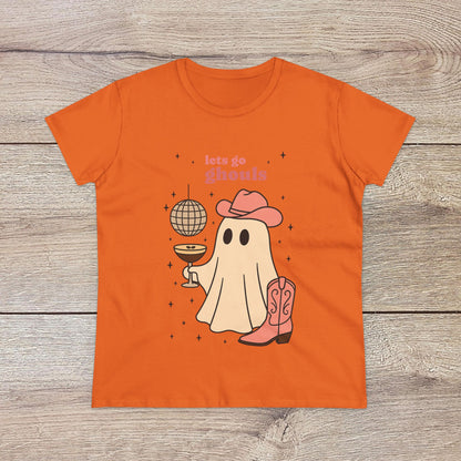 Let's Go Ghouls Tee in vibrant orange depicting an adorable ghost with boots and a drink, perfect for Halloween festivities and fun casual outfits.