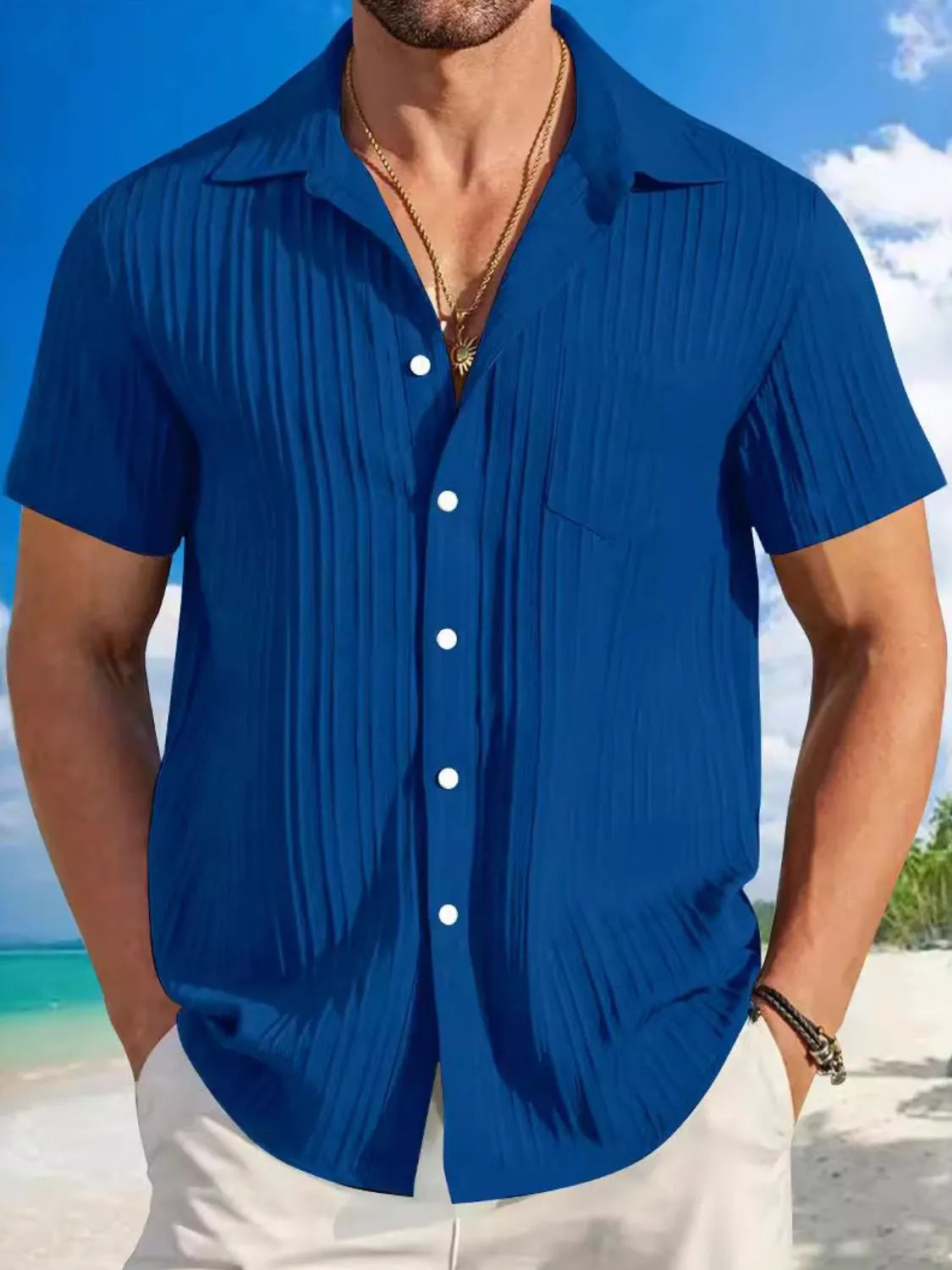 Men's Plus Size Short Sleeve Button-Up Shirt in vibrant blue color, featuring a stretchy and comfortable polyester blend, perfect for casual beach outings.