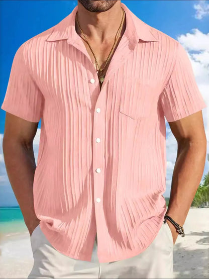 Men's Plus Size Short Sleeve Button-Up Shirt in soft pink, made from a stretchy polyester blend, ideal for warm weather style and comfort.