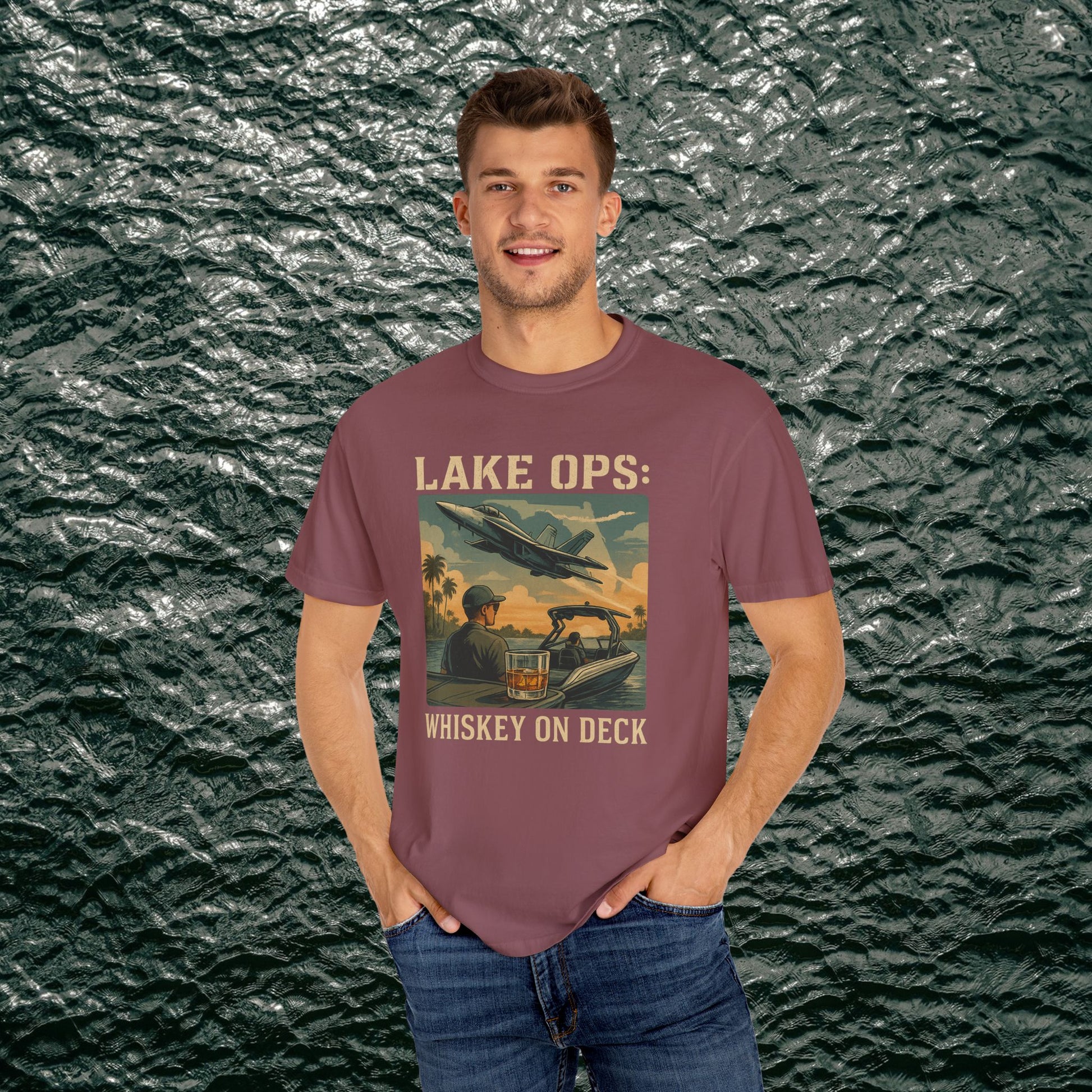 Garment-Dyed Comfort Tee For Adults in maroon featuring 'LAKE OPS: WHISKEY ON DECK' design with a laid-back style, available in sizes S-4XL.