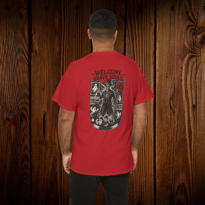 Spooky Halloween Graphic Tee - Unisex Cotton Shirt in eye-catching red with a detailed graphic depicting classic Halloween imagery, ideal for Halloween festivities.