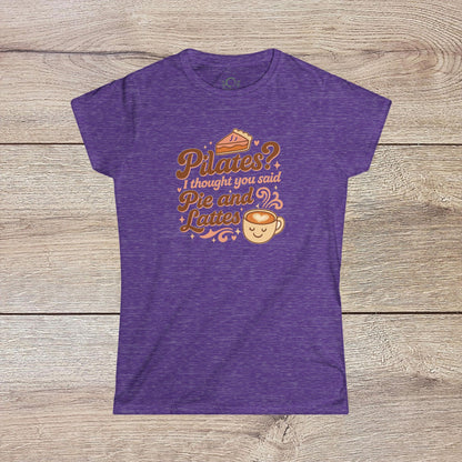 Vibrant purple Funny Pilates T-Shirt showcasing the phrase: 'Pilates? I thought you said Pie and Lattes'. Designed for comfort with durable shoulder tape.