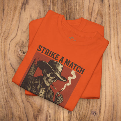 Bangtown Outlaws Retro Casual Party Shirt in orange depicting a bold skull design along with 'STRIKE A MATCH', perfect for casual events and trendy styling.