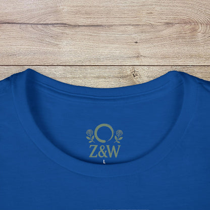 Close-up of the neckline of the blue Ragdoll Mama T-Shirt - Unisex Cotton Cat Lover Gift, highlighting the stylish collar and logo.