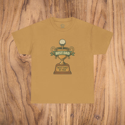 Best Dad Trophy T-Shirt in golden brown color showcasing a trophy graphic with the phrase 'Best Dad by Par' perfect for Father's Day celebrations.