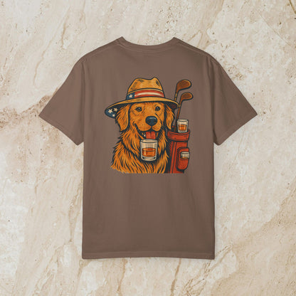Golden Whiskey Dog Tee in a brown shade, displaying a friendly golden retriever graphic with golf accessories, ideal for casual wear.