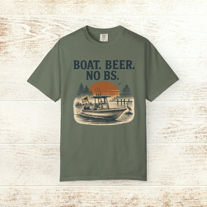 Boat Beer No BS Tee in olive green color featuring a boat silhouette against a sunset, perfect for outdoor adventures.