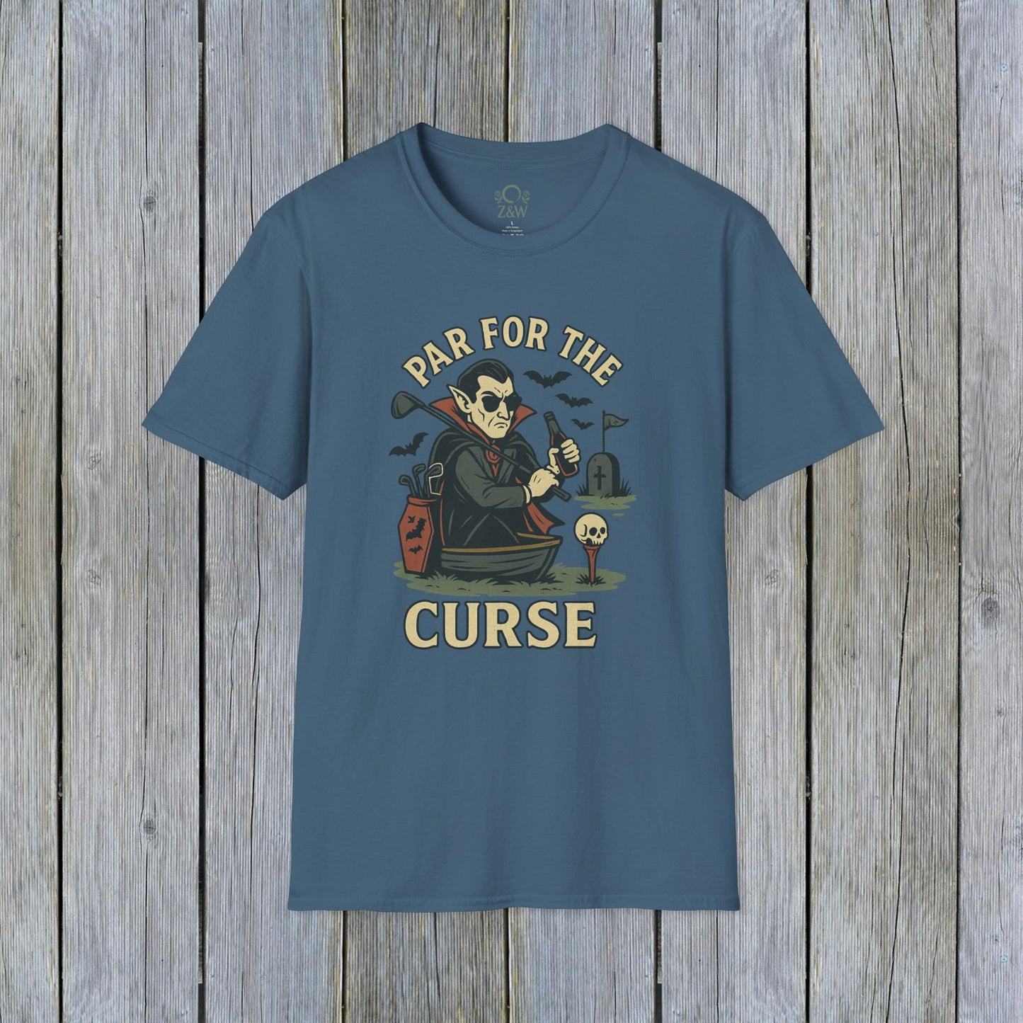 Funny Halloween Unisex T-Shirt with 'Par For The Curse' graphic, displayed in a stylish blue color, ideal for celebrating Halloween.